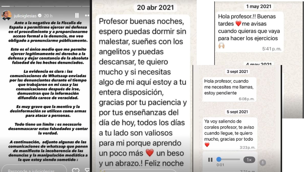 Mensajes de WhatsApp revelados en las historias de Instagram de Julio Iglesias. // IG @julioiglesias