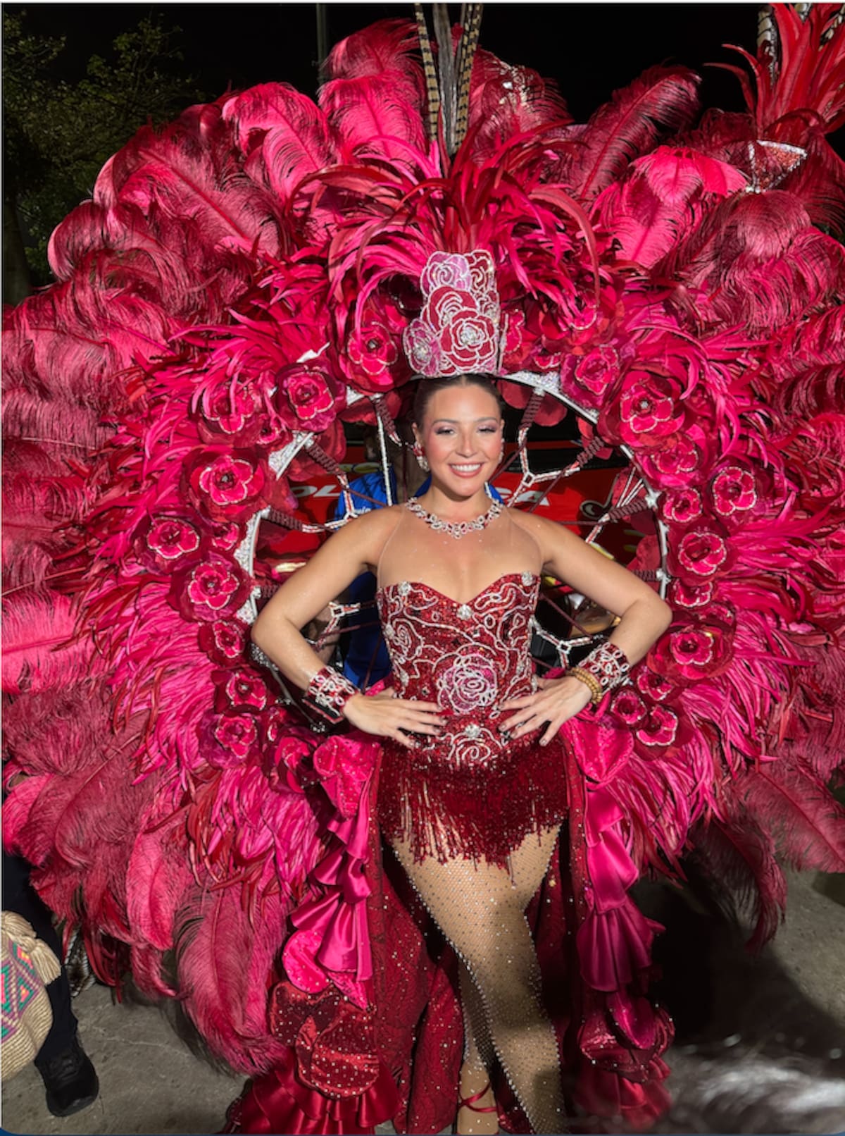 Michelle Char Fernandez, leña reina del Carnaval de Barranquilla 2026, rindió homenaje con su vestido a la canción tradicional Las Rosas, de las cataoras tradiciones del Caribe colombiano.// Juan. M. cantillo-El Universal.