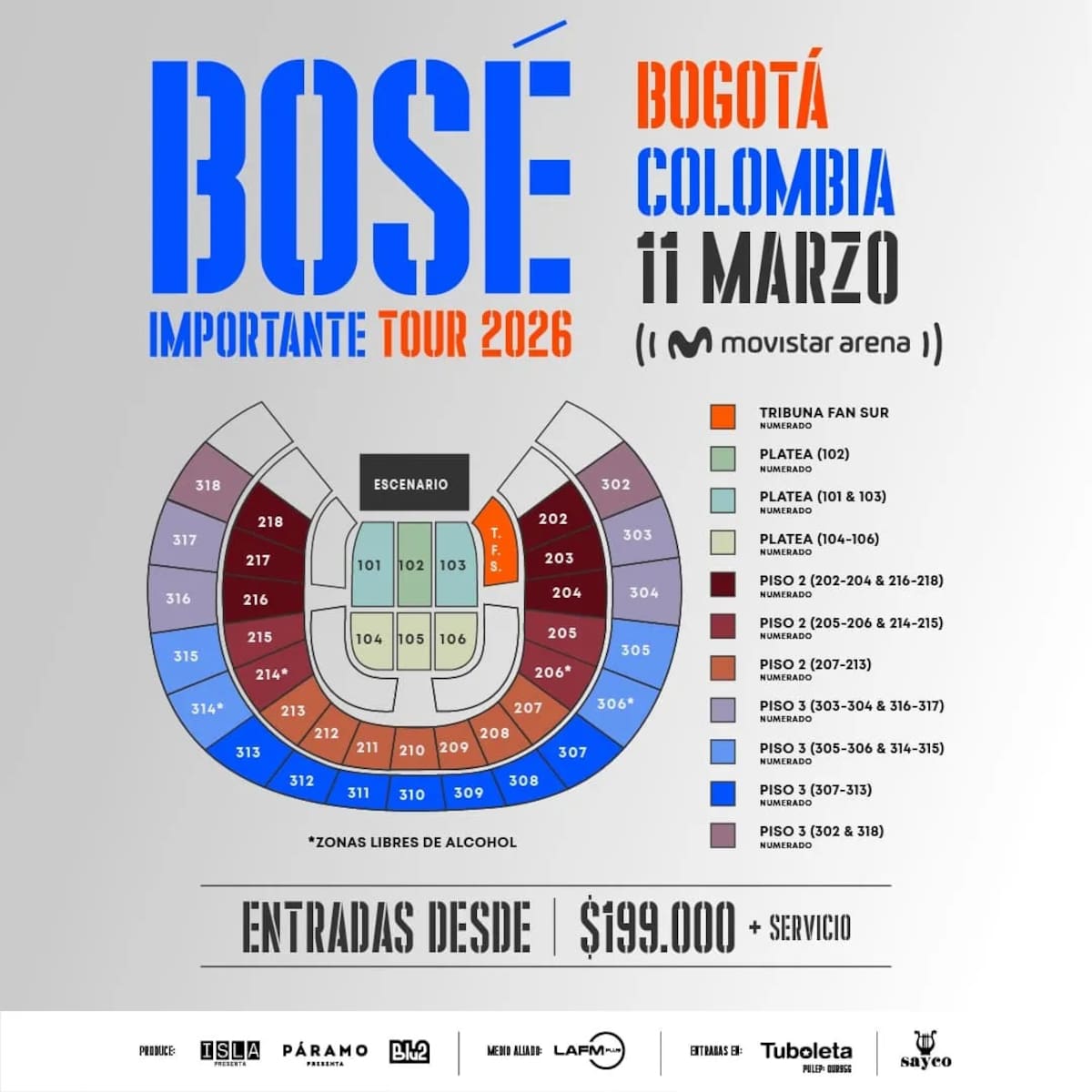 Miguel Bosé ya está en Colombia y así disfrutó la noche en Bogotá. // foto tomada de tuboleta.com
