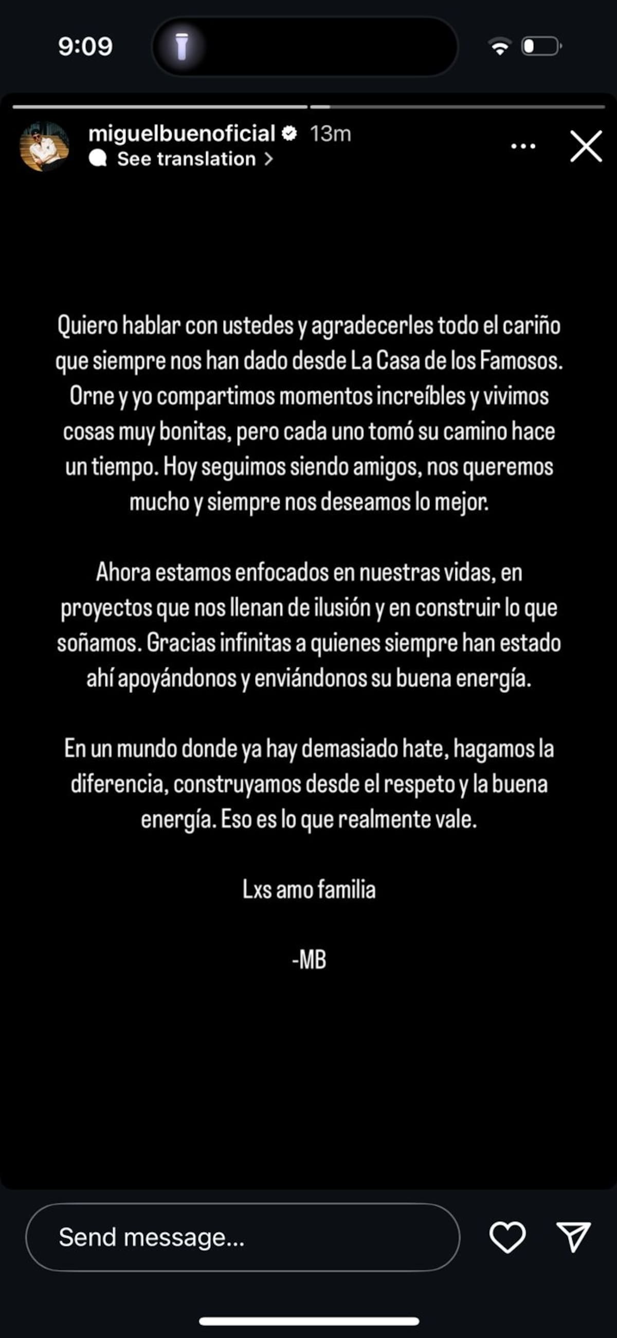 Miguel Bueno confirmó a través de una historia su ruptura con Ornella Sierra. //Foto: tomada de redes sociales.