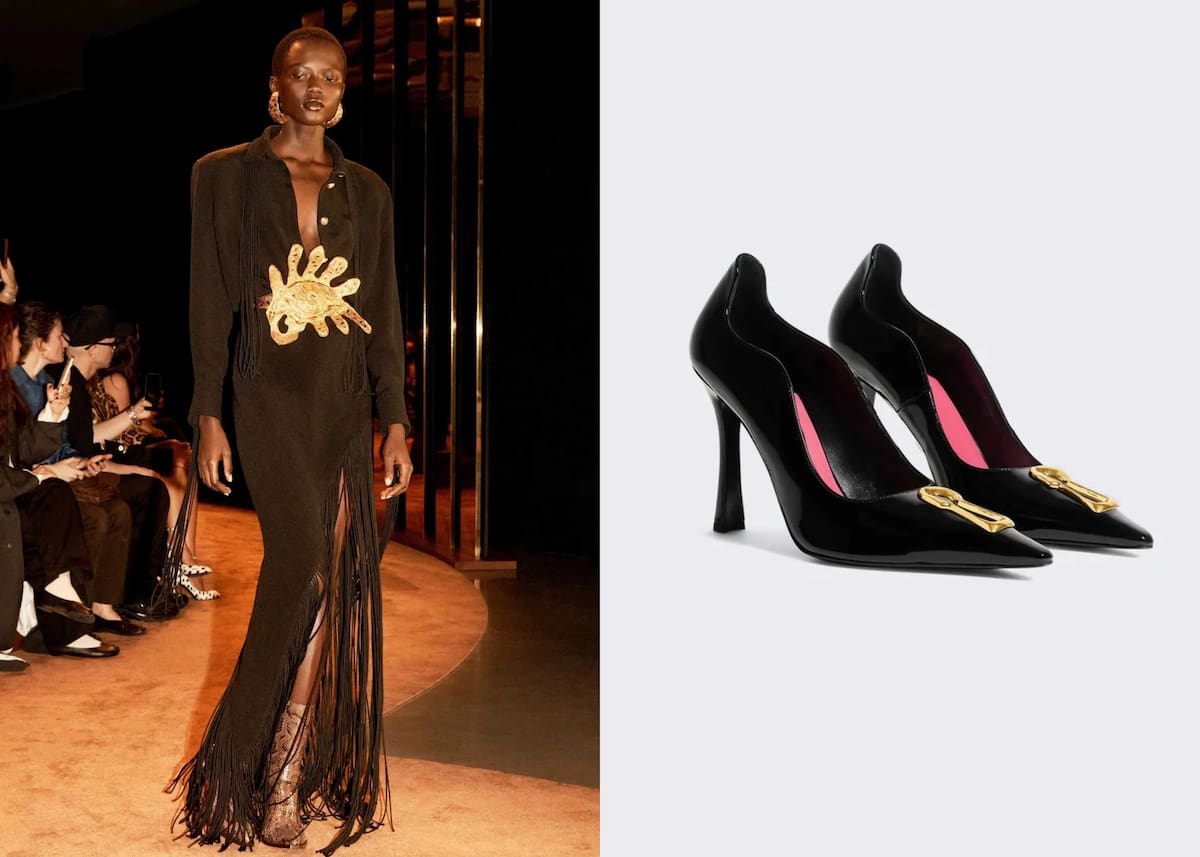 Anne Hathaway lució un vestido Schiaparelli Otoño/Invierno 2025 con flecos y broche dorado, junto a zapatos Patent Keyhole Pumps. // Fotos tomadas de IG @schiaparelli