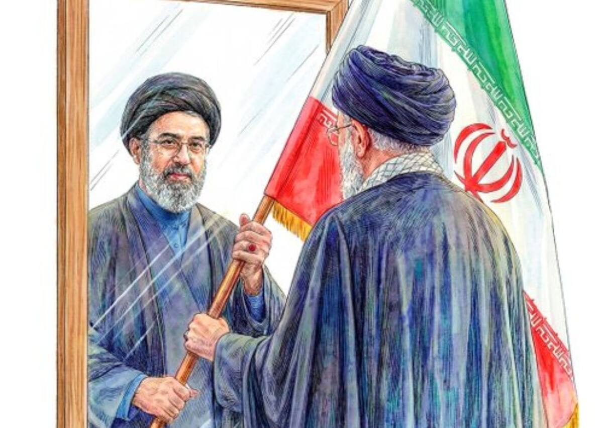 Ilustración del nuevo líder supremo iraní, Mojtabá Jameneí, recibiendo la bandera de Irán, por parte de su padre, el fallecido ayatolá Alí Jameneí. /EFE - @Khamenei_m.