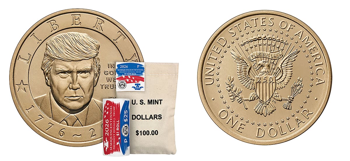 Combo de fotografías cedidas por la Casa de la Moneda de Estados Unidos que muestra una moneda de un dolar, con el rostro del presidente de Estados Unidos, Donald Trump, conmemorativa por el 250 aniversario de la independencia del país. EFE/ Casa de la Moneda de Estados Unidos.
