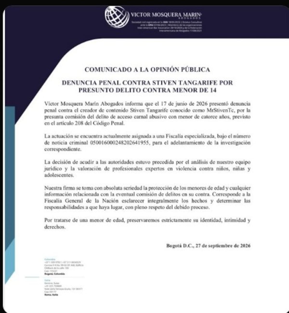 La denuncia fue presentada en junio y actualmente está en manos de una Fiscalía especializada. El creador de contenido negó los señalamientos y cuestionó públicamente la versión que circula sobre los hechos.// Foto tomada de IG: @stiven.tc
