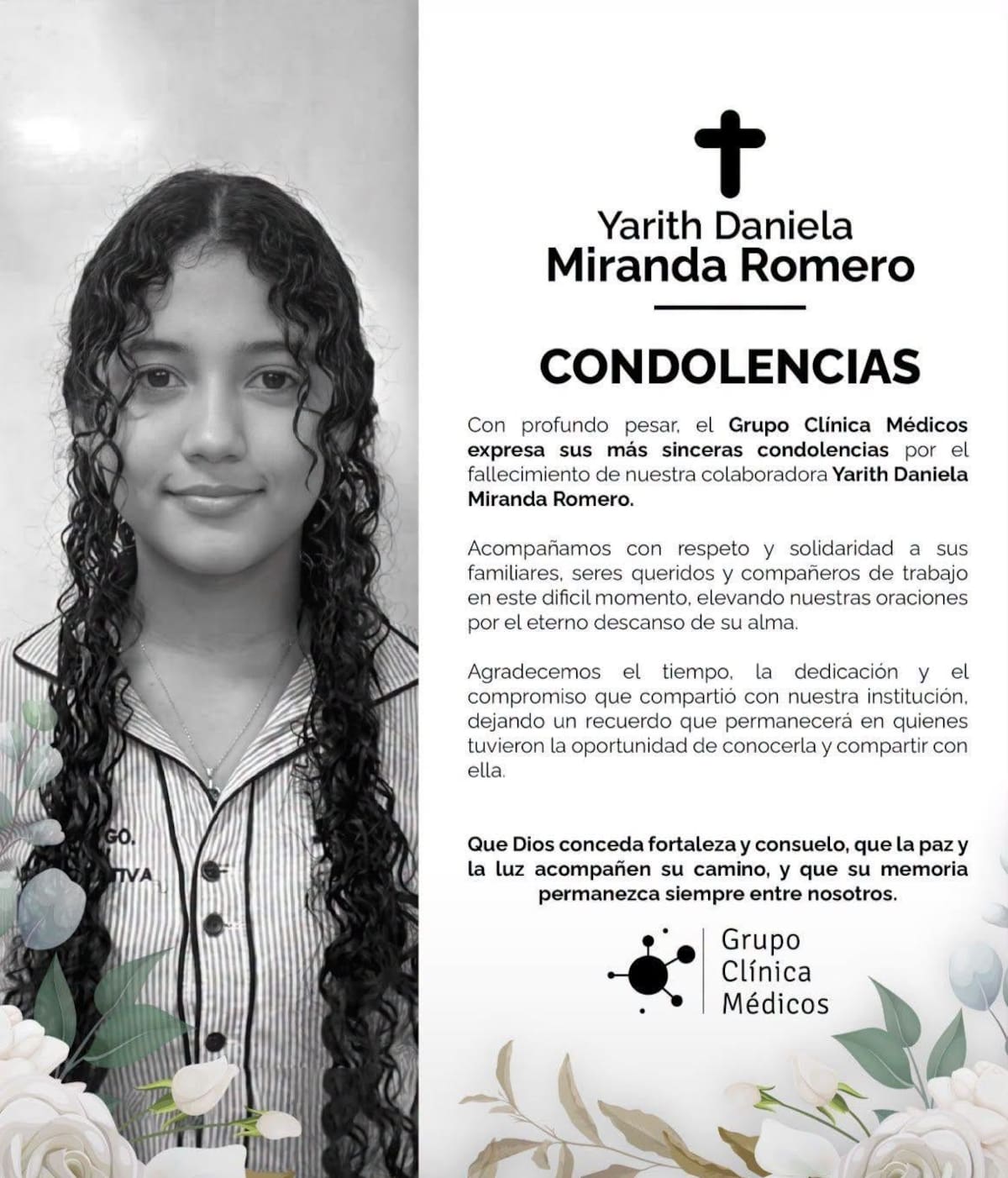 Clínica Médicos, través de un comunicado, expresó sus condolencias a sus familiares. //FOTO: Grupo Clínica Médicos.