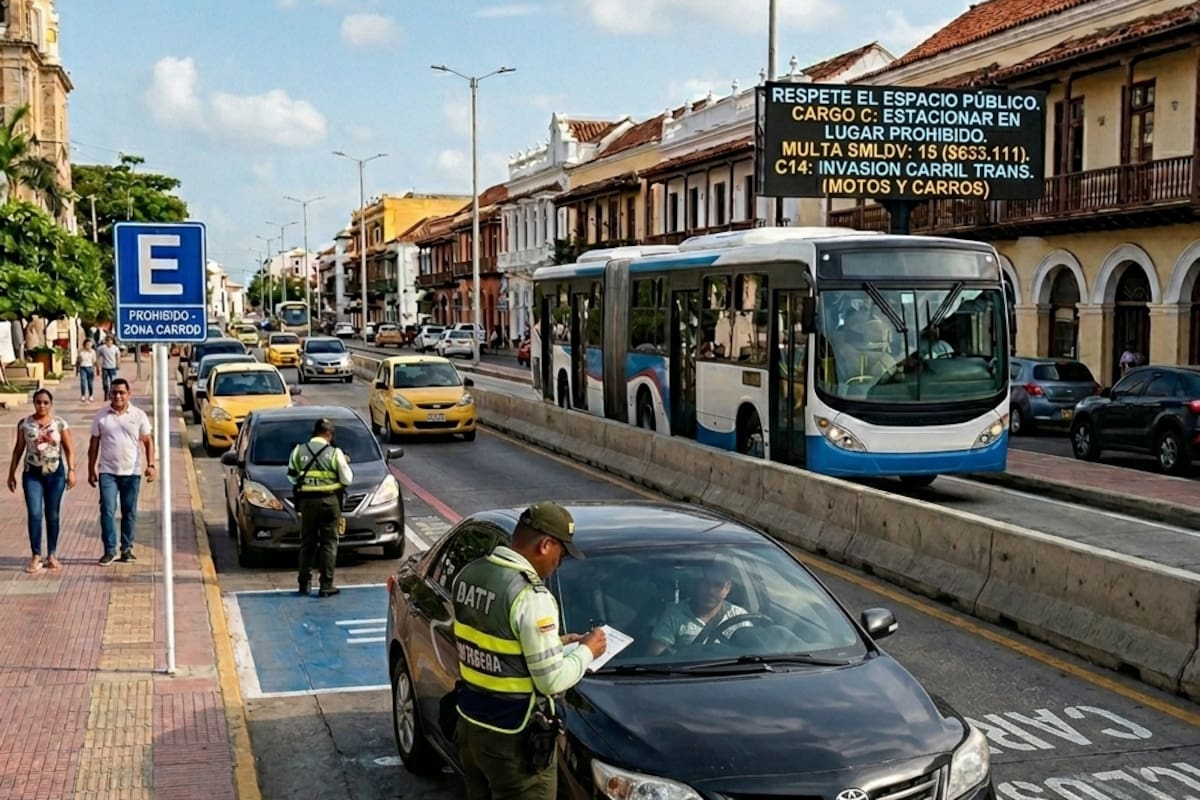Parquear mal e invadir el carril de Transcaribe: las multas más frecuentes en Cartagena y lo que le pueden costar