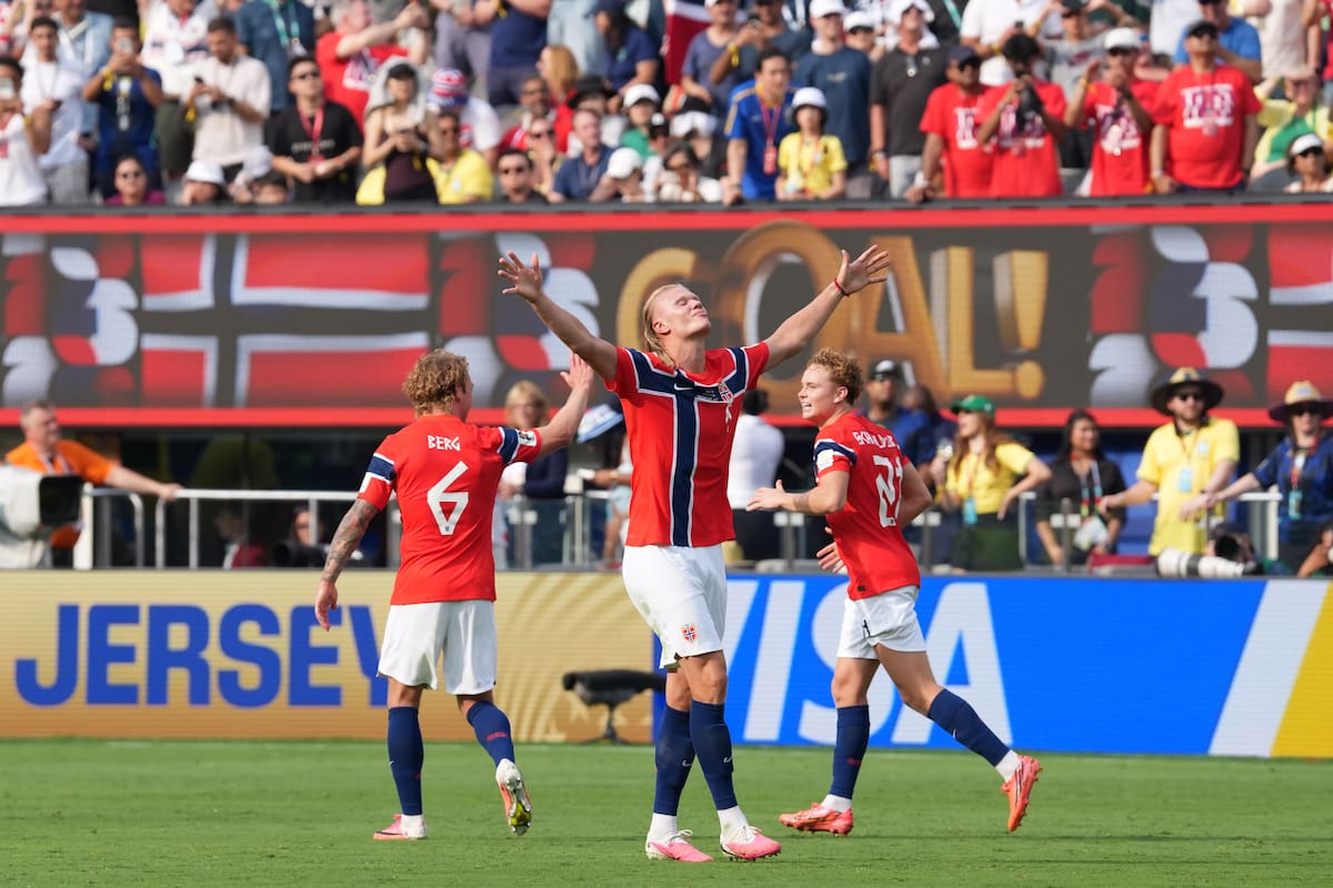 Erling Haaland de Noruega celebra un gol este domingo, en un partido por los octavos de final del Mundial de la FIFA 2026 entre Brasil y Noruega en el estadio MetLife en Nueva Jersey (Estados Unidos). EFE/ Angel Colmenares