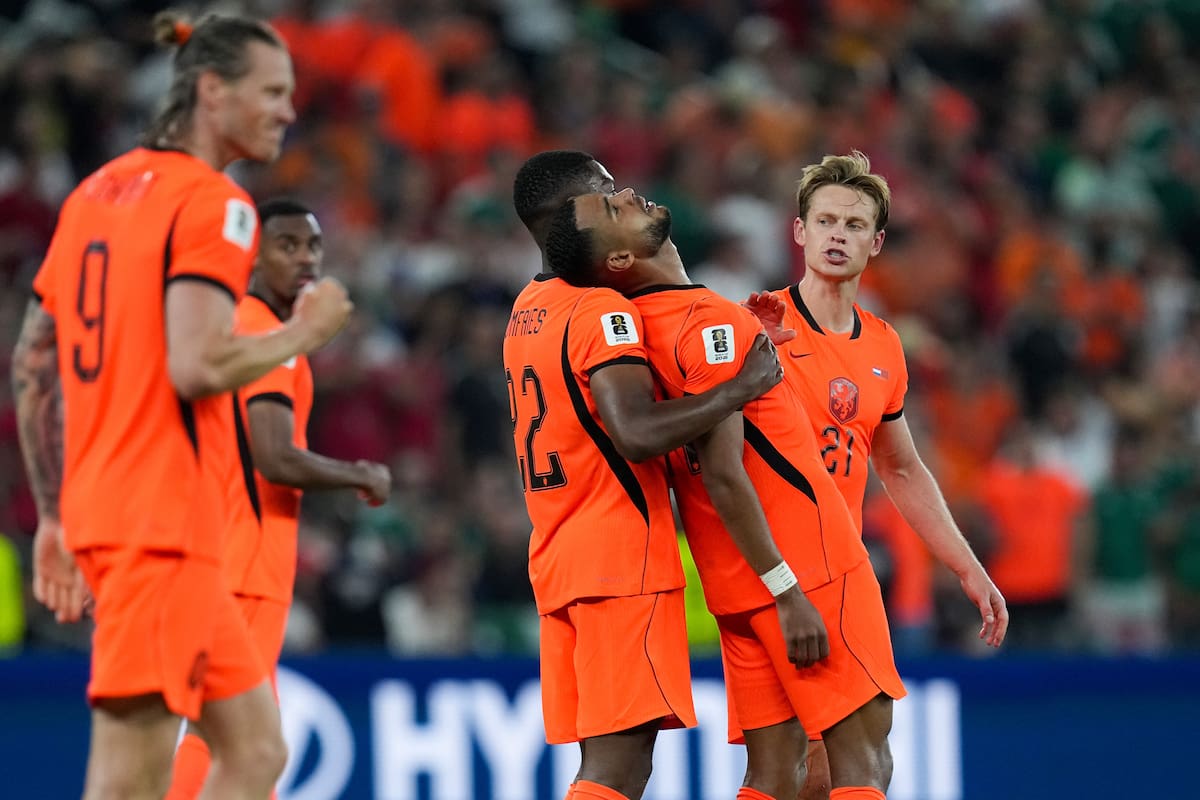 Cody Gakpo, de Holanda, festeja tras anotar ante Marruecos en el duelo de dieciseisavos de final de la Copa del Mundo, disputado el lunes 29 de junio de 2026 en Monterrey, México (AP Foto/Dolores Ochoa)