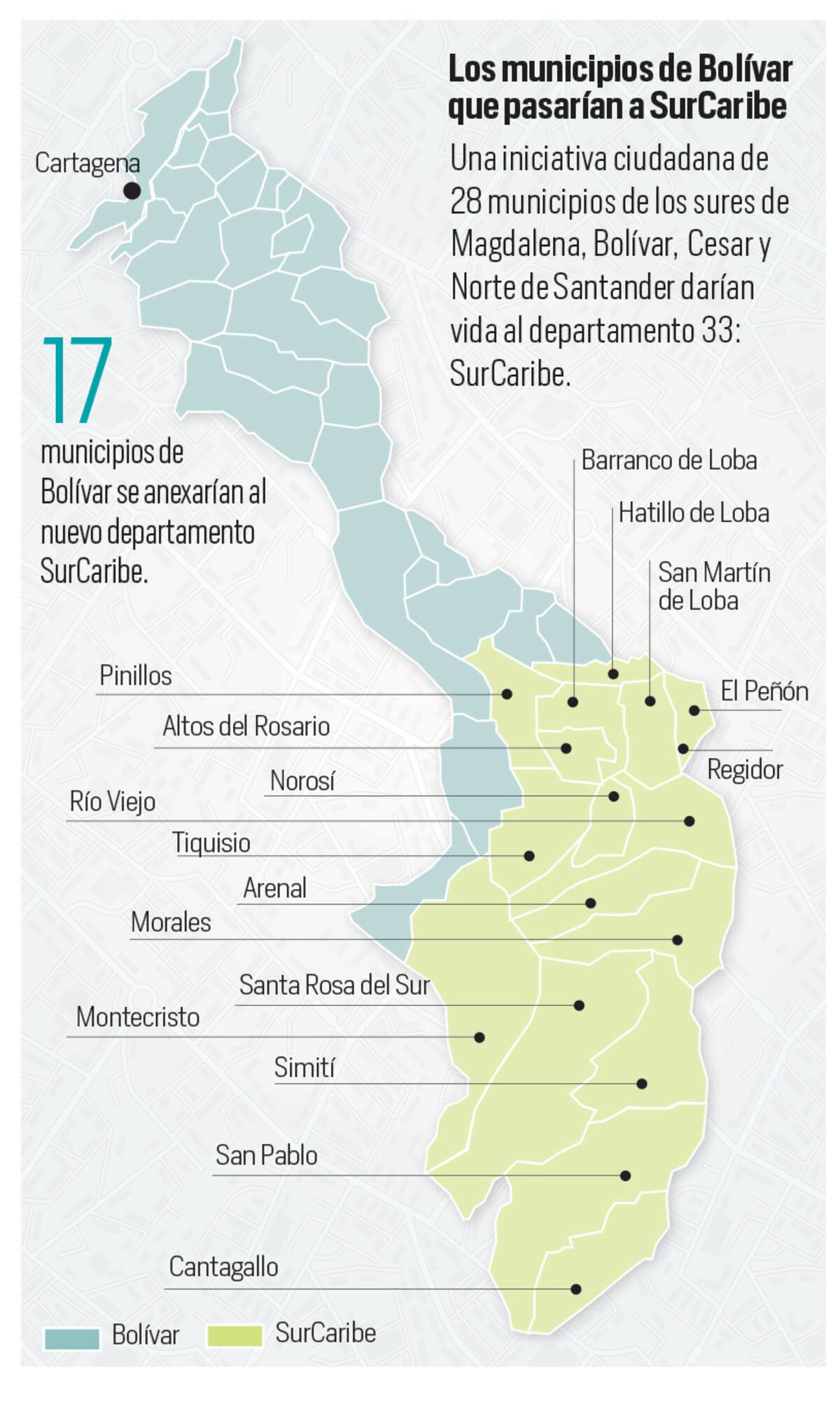 Estos son los municipios de Bolívar que pasarían a SurCaribe, si se crea el departamento número 33 del país. //Diseño El Universal.