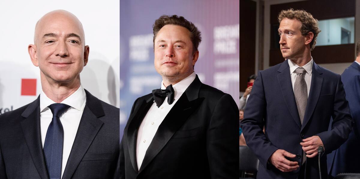 Combo de fotografías de archivo donde aparecen desde la izquierda, Jeff Bezos, Elon Musk y Mark Zuckerberg. //EFE