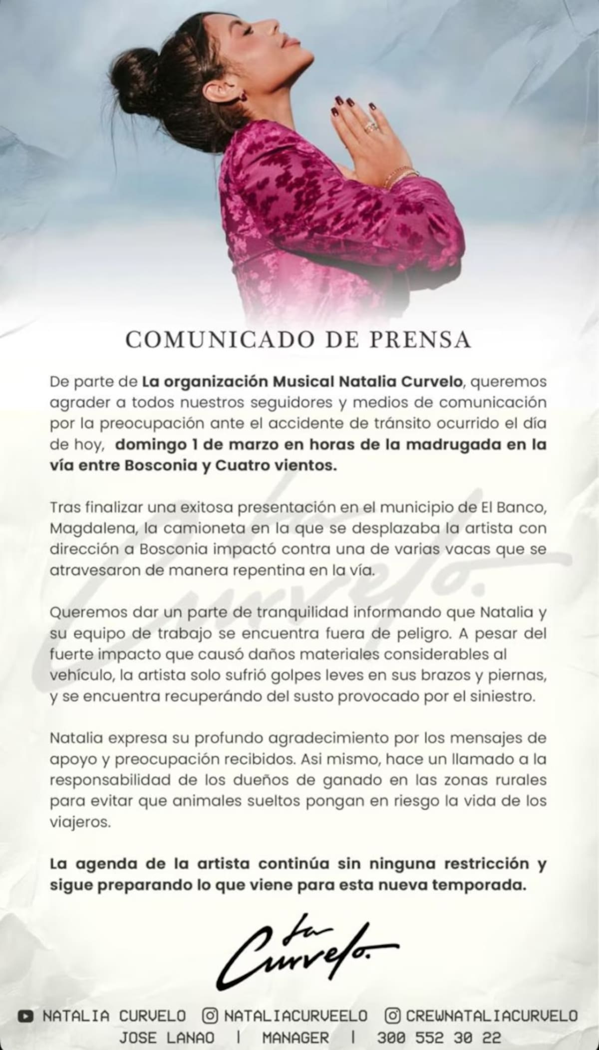Comunicado de Natalia Curvelo tras el accidente. //Foto: IG @nataliacurveelo.