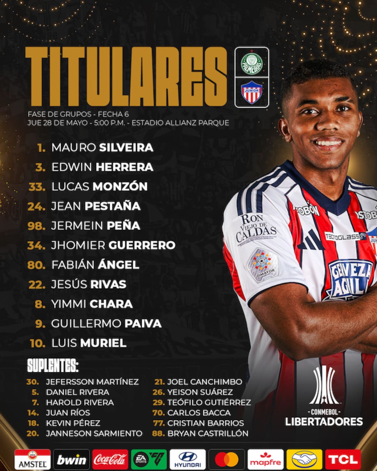 Estos son los titulares y suplente de Junior vs. Palmeiras.//Cortesía @JuniorClubSA.