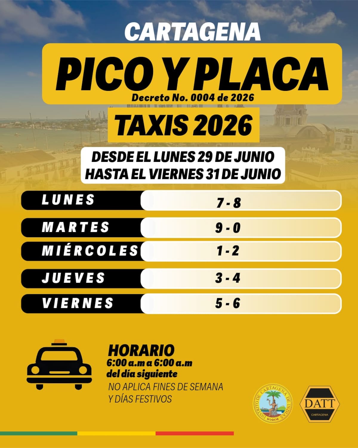Nueva rotación de pico y placa para taxis en Cartagena. // Foto: cortesía del Datt.