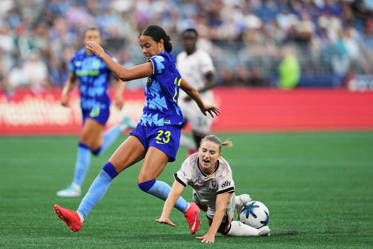 Angel City FC forward Ally Sentnor, right, falls against Seattle Reign FC defender Jordyn Bugg, left, during the second half of an NWSL soccer match, Sunday, Aug. 9, 2026, in Seattle. (AP Photo/Lindsey Wasson)