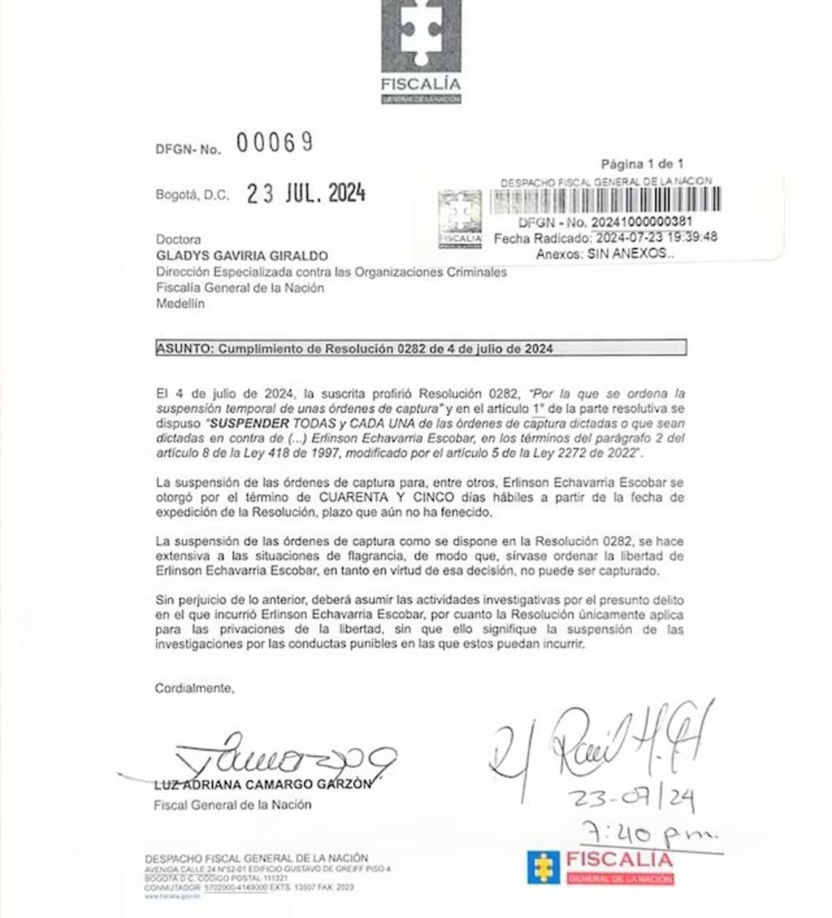 Orden de libertad a alias 'Ramiro' por parte de la fiscal general Luz Adriana Camargo. // Cortesía.
