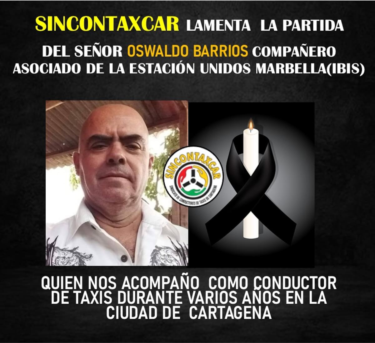 Luto en el gremio de taxistas de Cartagena por el asesinato de Oswaldo Barrios Arnedo..