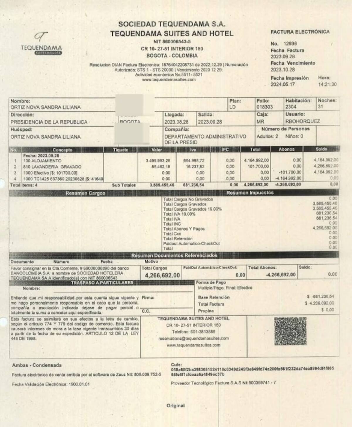Pago de hotel a Sandra Ortiz por parte de Presidencia. // Revista Semana.