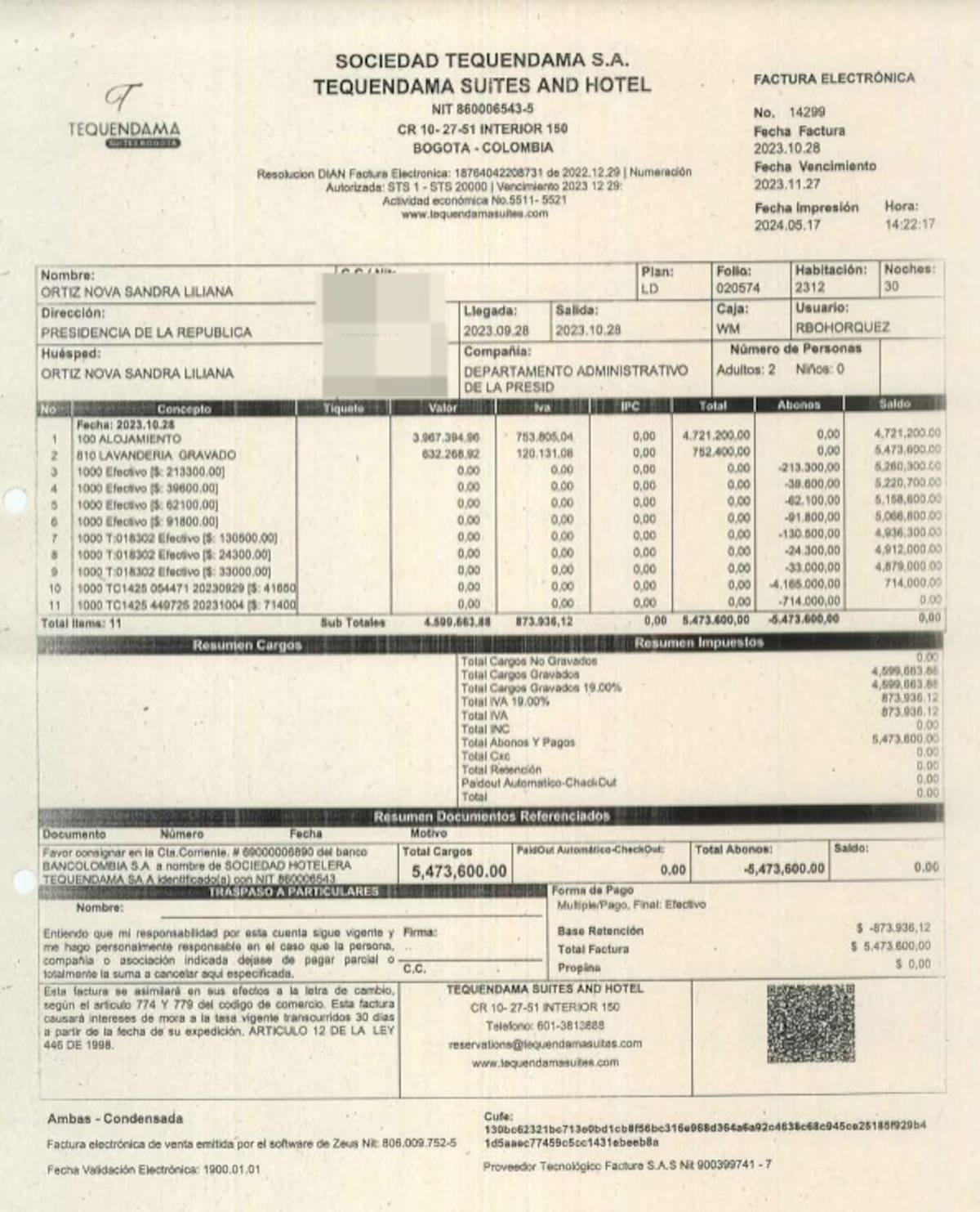 Pago de hotel a Sandra Ortiz por parte de Presidencia. // Revista Semana.