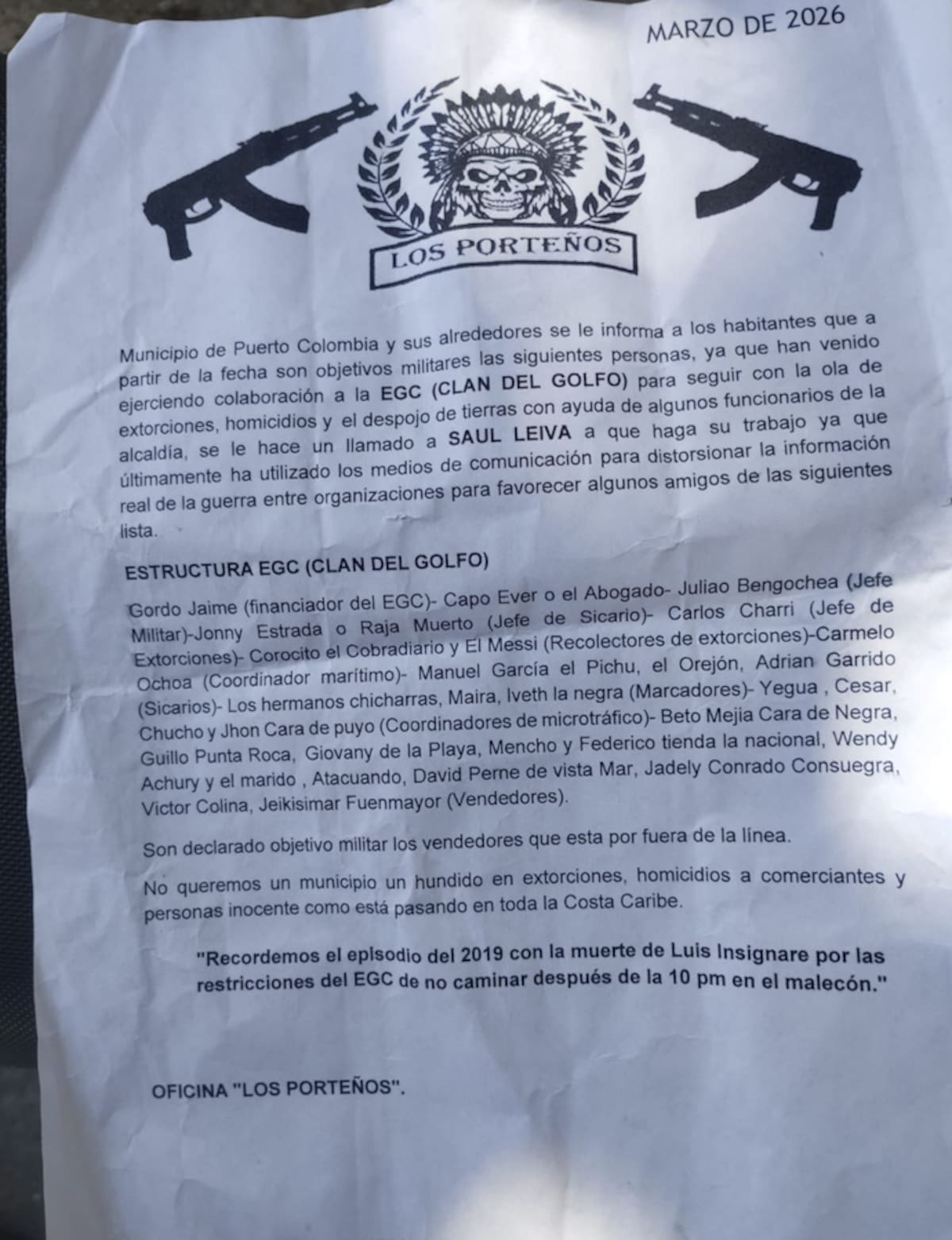 En este panfleto fueron nombrados Ever Edinson Castro Miranda y Richard Eduardo Ochoa Carpintero.//Cortesía Red de Cooperantes.