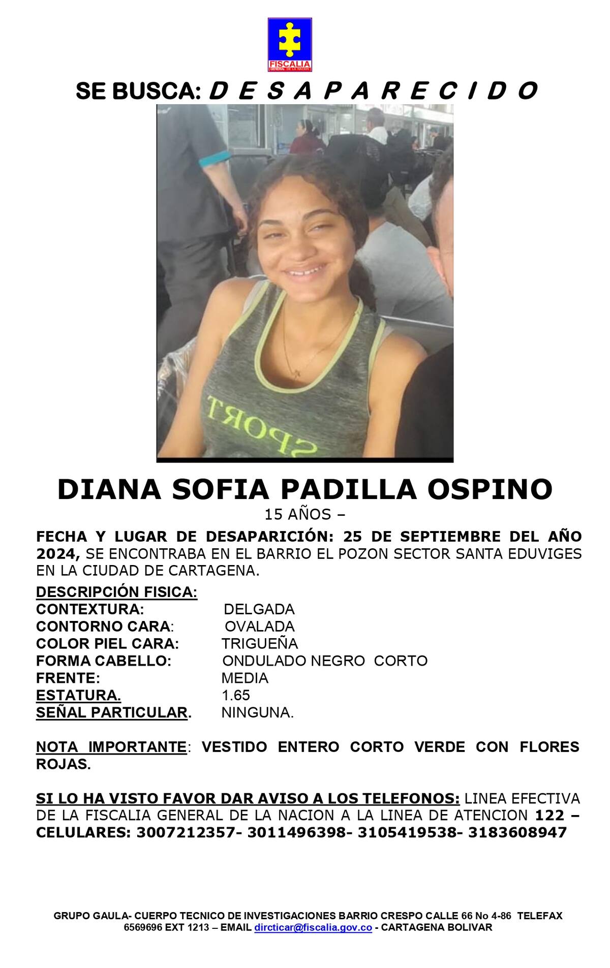 Con este afiche, la Fiscalía busca a la menor.