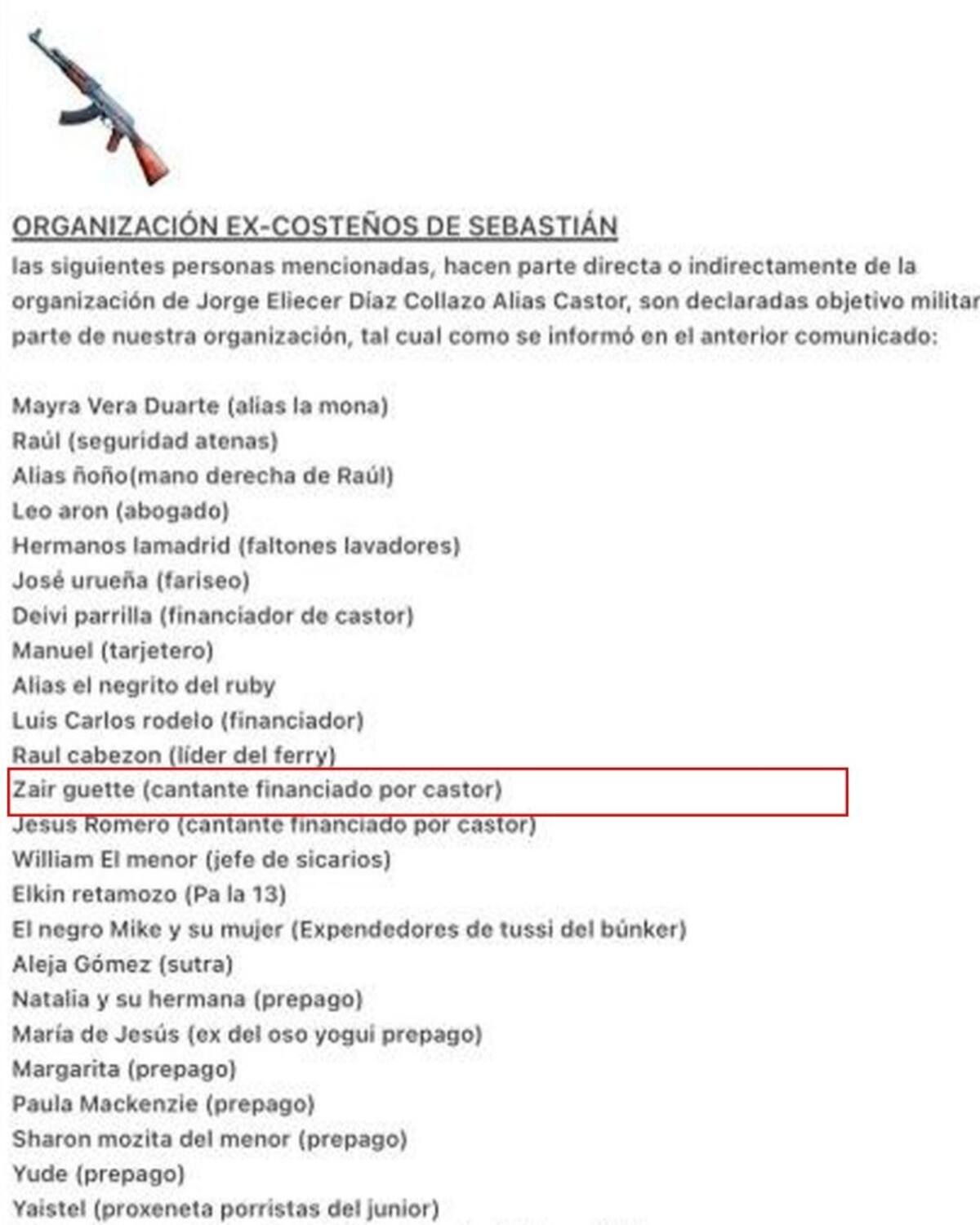 Panfleto en el que Zair Guette fue señalado de estar financiado por alias 'Castor'. // Foto de internet