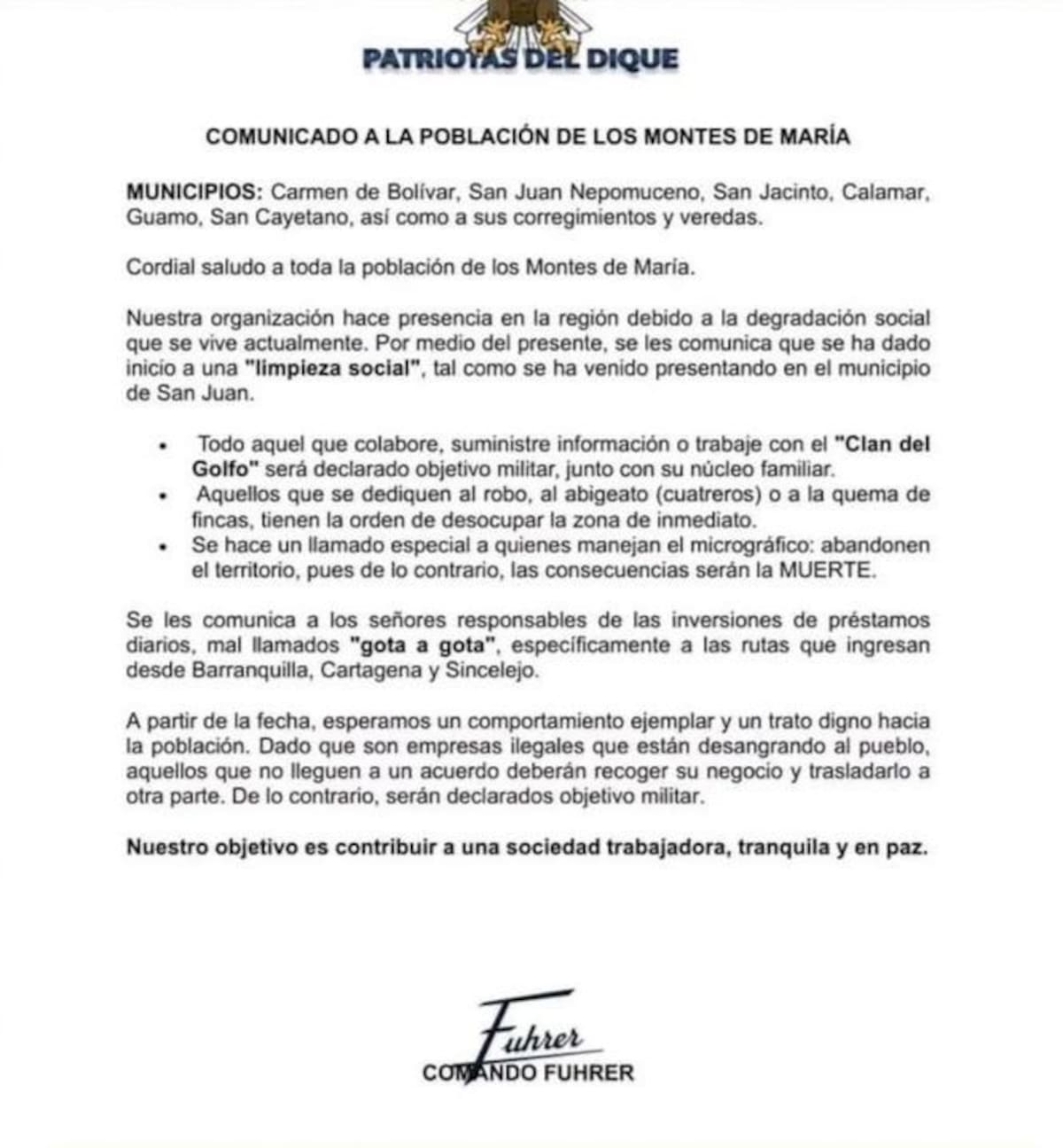 El comunicado emitido por el presunto grupo 'Los Patriotas del Dique'. // FOTO: REDES SOCIALES.
