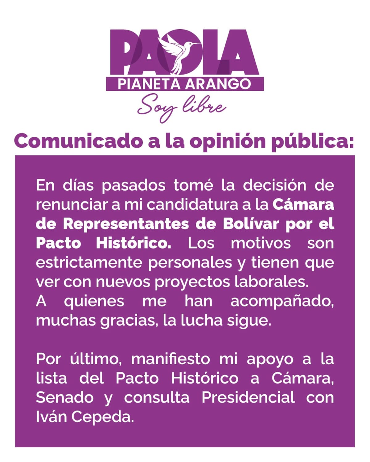 Paola Pianeta Arango renunció a la candidatura a la Cámara por Bolívar del Pacto Histórico. // Foto: Cortesía - Paola Pianeta.