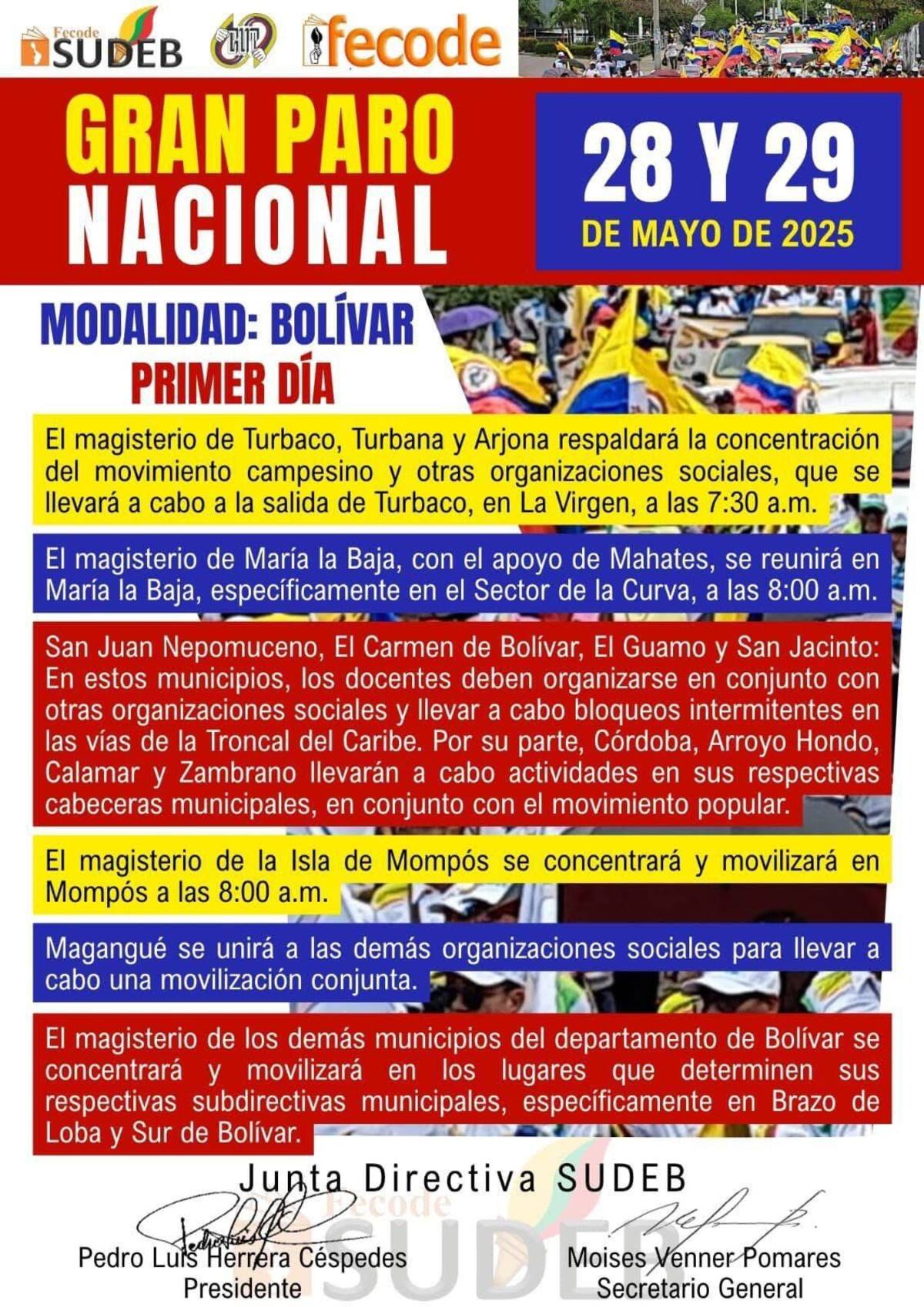 Los municipios de Bolívar se unirán al paro nacional, los días 28 y 29 de mayo de 2025. // Foto: Cortesía.