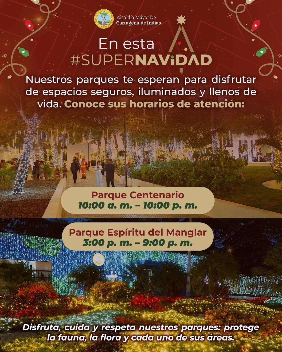 El horario del Parque Centenario 10 a.m. a 10 p.m. Por su parte, el Parque Espíritu del Manglar está abierto de 3 p.m. a 9 p.m. // Foto: Cortesía - Alcaldía de Cartagena.
