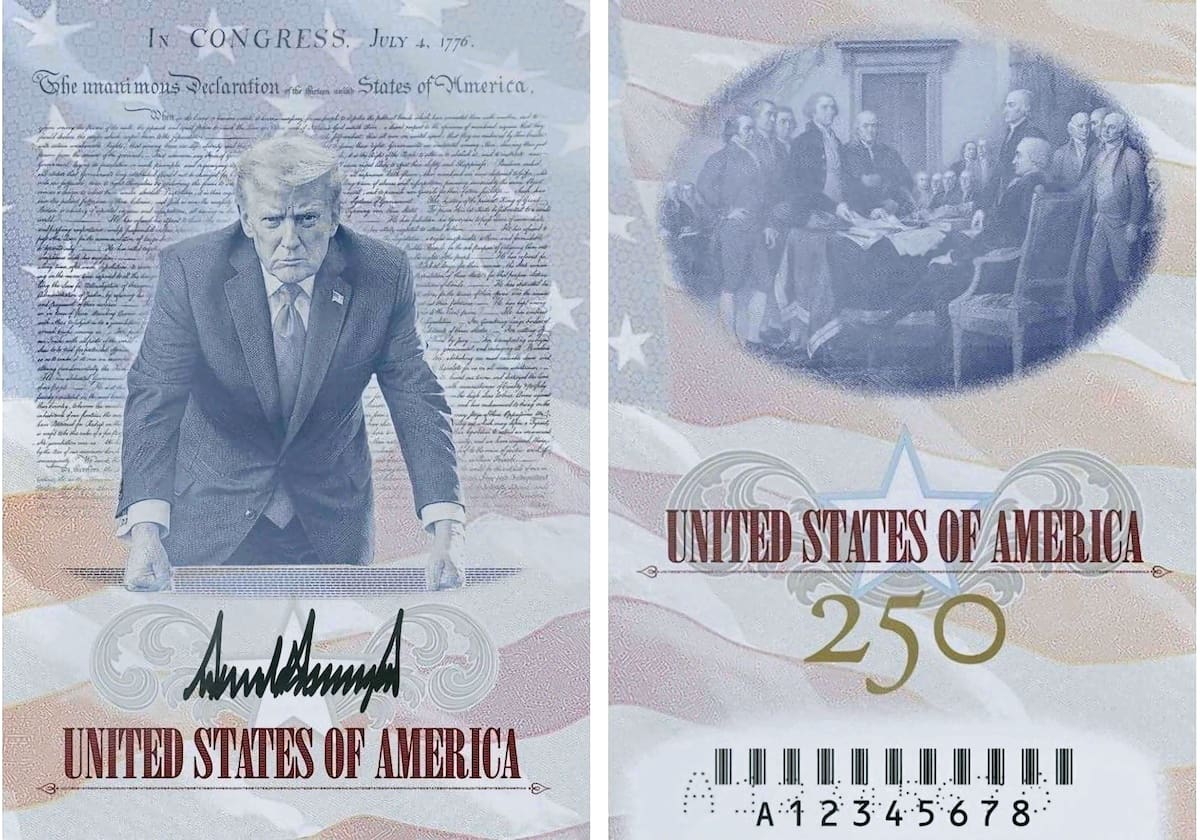 Imagen cedida por el Departamento de Estado de Estados Unidos que muestra dos páginas interiores de un ejemplo de los pasaportes conmemorativos de edición limitada preparando en honor al 250 aniversario de Estados Unidos. EFE/ Departamento de Estado de EE.UU.
