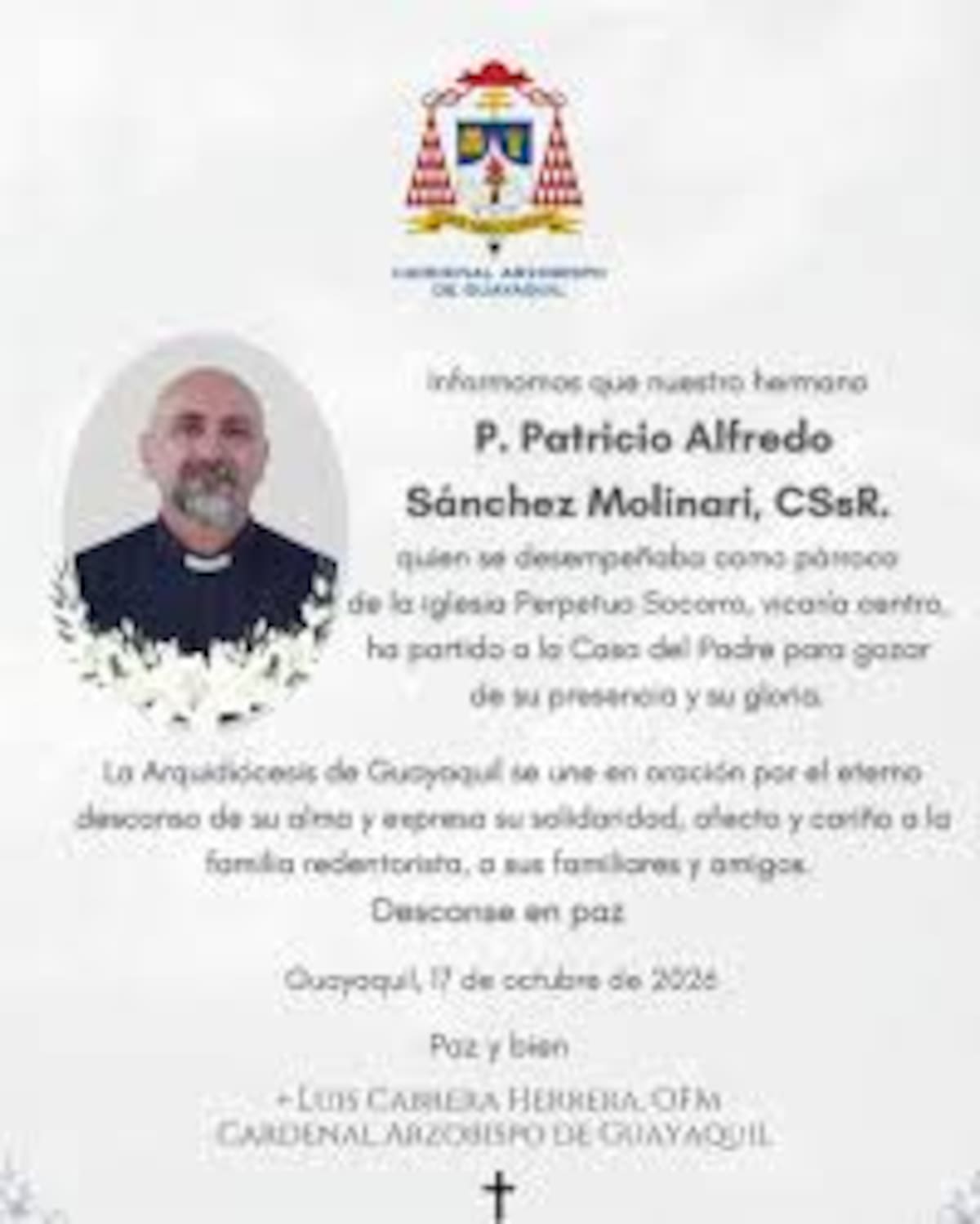 La muerte de Sánchez Molinari fue confirmada por la Arquidiócesis de Guayaquil. // Foto: Arzobispado de Guayaquil