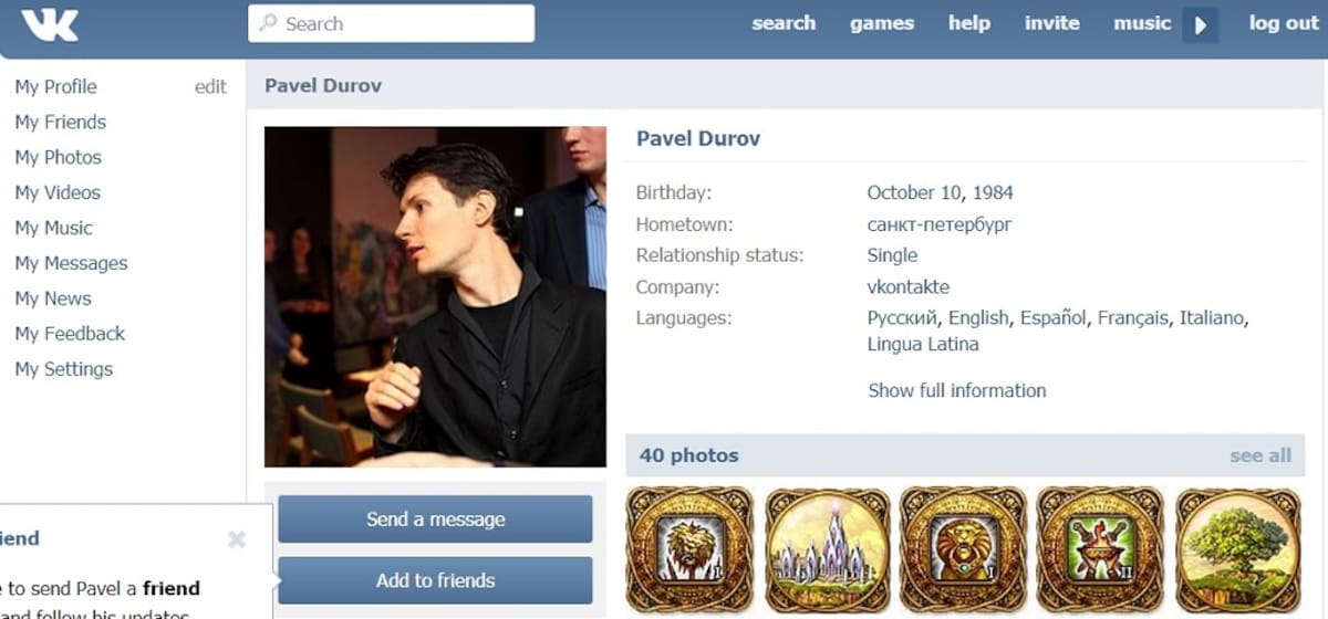Perfil de Pavel Durov en la red social VKontakte TOMADA DE INTERNET