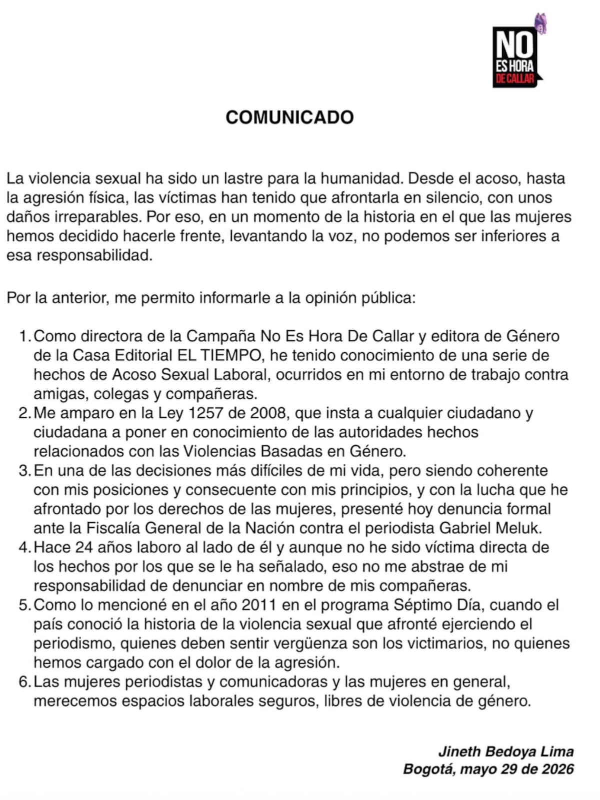 Periodista Jineth Bedoya presenta denuncia por presunto acoso ante Fiscalía. // captura de pantalla del comunicado