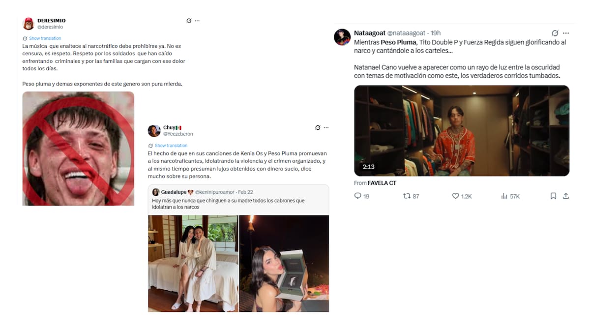 Críticas en redes a los cantantes de corridos tumbados en México. //Fotos: captura de pantalla.