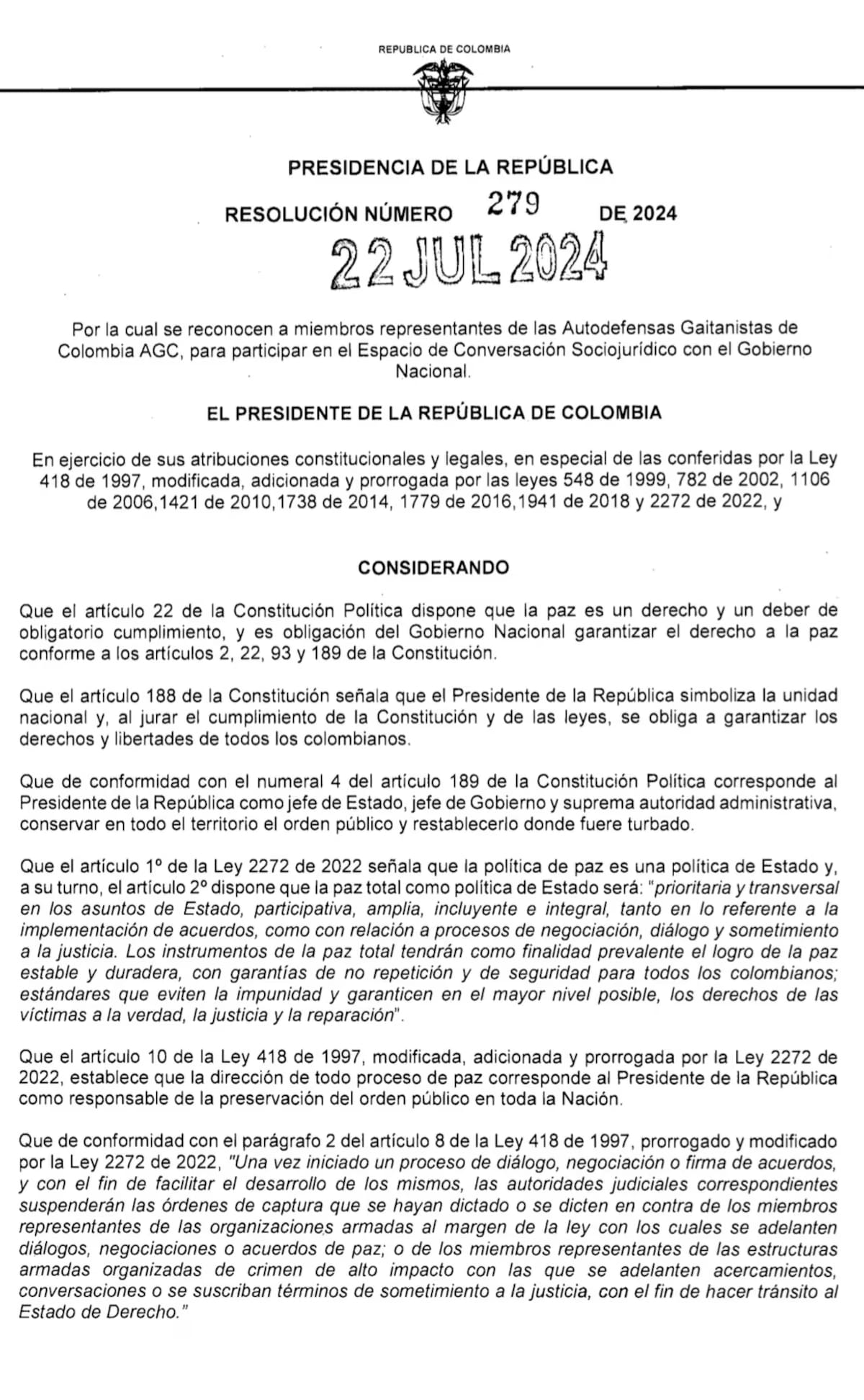 Resolución del presidente Gustavo Petro para el inicio de las negociaciones de paz con el Clan del Golfo. // Cortesía.