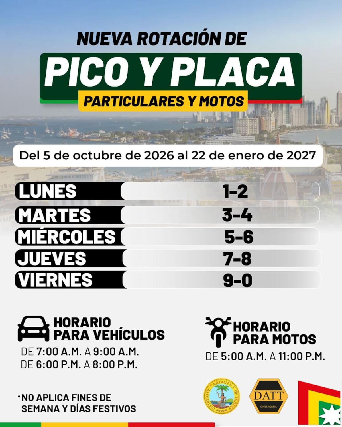 Nueva rotación del pico y placa para vehículos particulares y motocicletas en Cartagena. // Foto: Cortesía - Alcaldía de Cartagena.