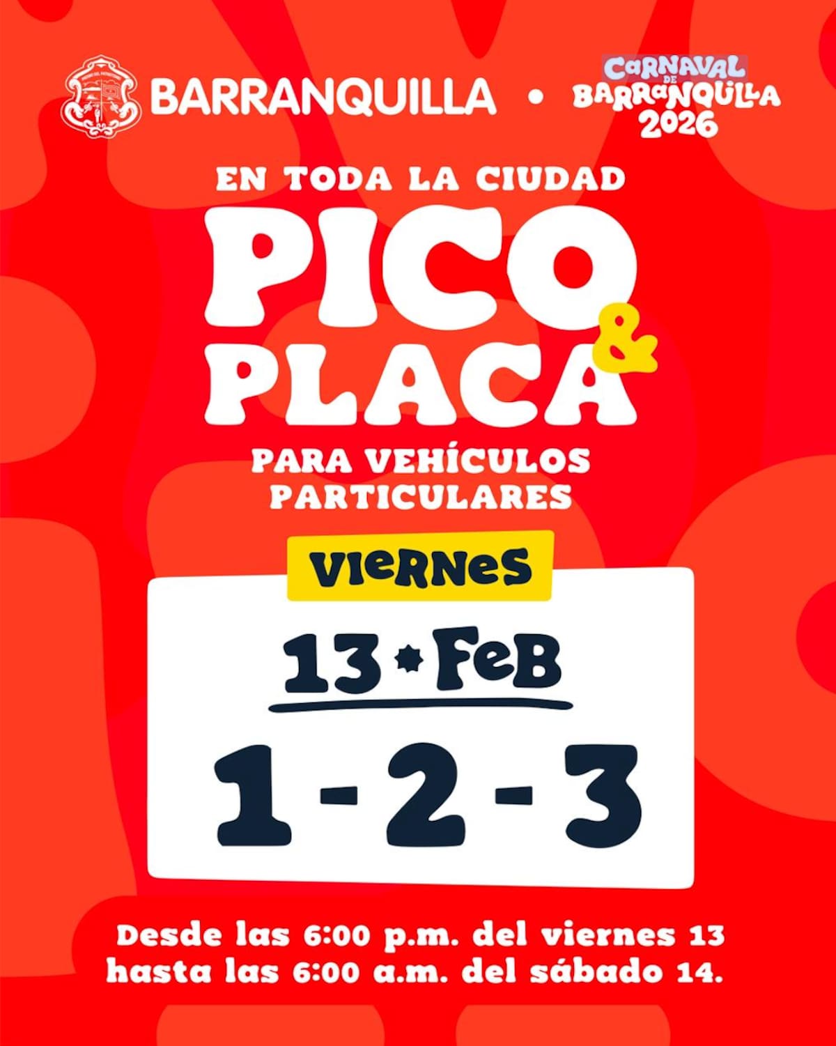 Pico y placa en Barranquilla para particulares durante los días de carnavales.//Cortesía @TransitoBaq.