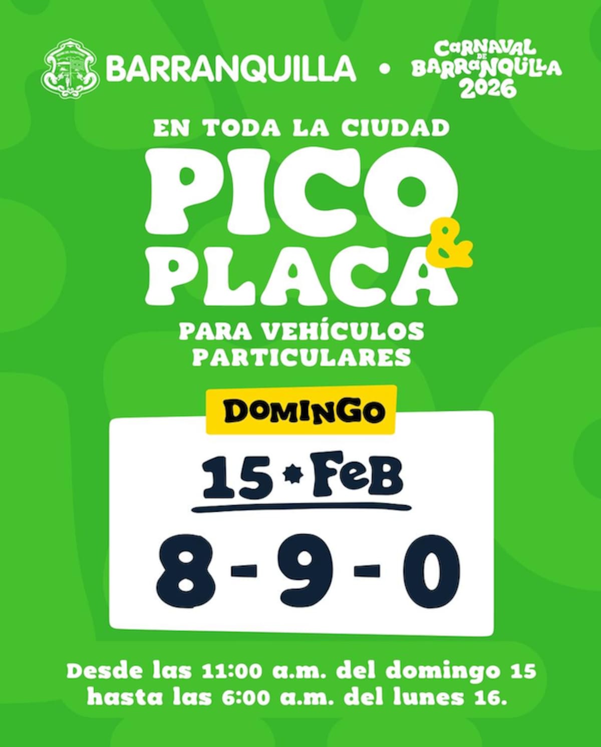 Pico y placa en Barranquilla para particulares para el día domingo de carnaval.//Cortesía @TransitoBaq.