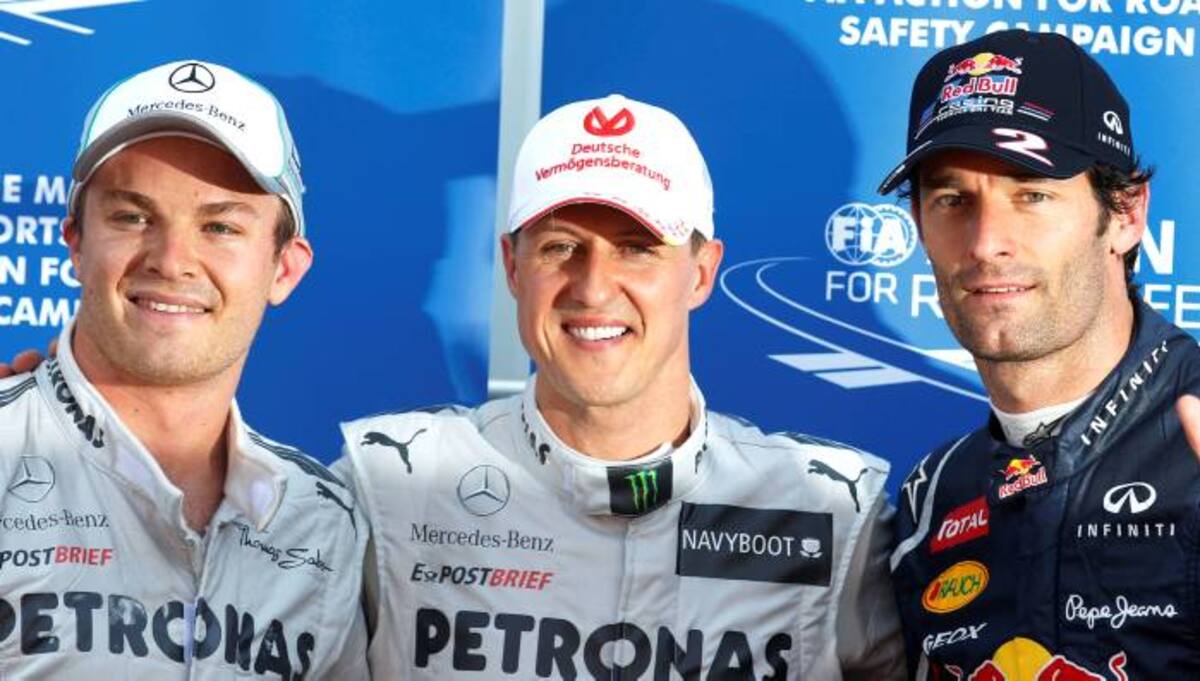 Nico Rosberg, Michael Schumacher y Mark Webber. AFP DIMITAR DILKOFF