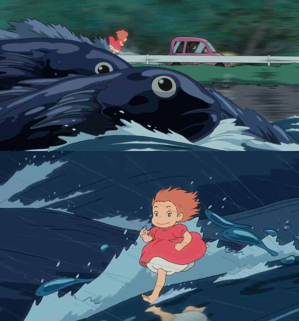Ponyo corre sobre las olas de un tsunami para alcanzar a Lisa y Sousuke.