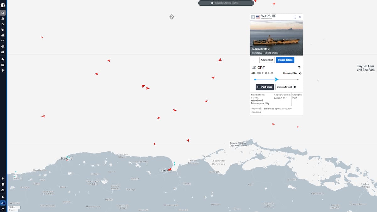 El rastreador digital MarineTraffic, muestra el lugar donde se encuentra ubicado el USS George H.W. Bush, el cual está a tan solo 60 millas náuticas de Cuba. // Foto: captura de pantalla MarineTraffic.
