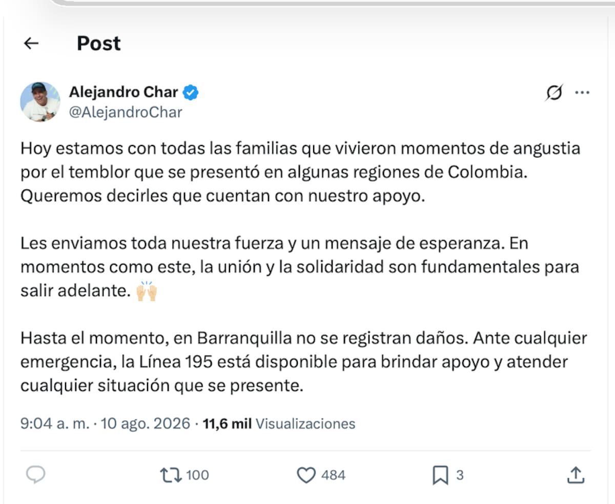 Este es el post que escribió el alcalde de Barranquilla, Alejandro Char, en su cuenta de X.//Tomado de X.