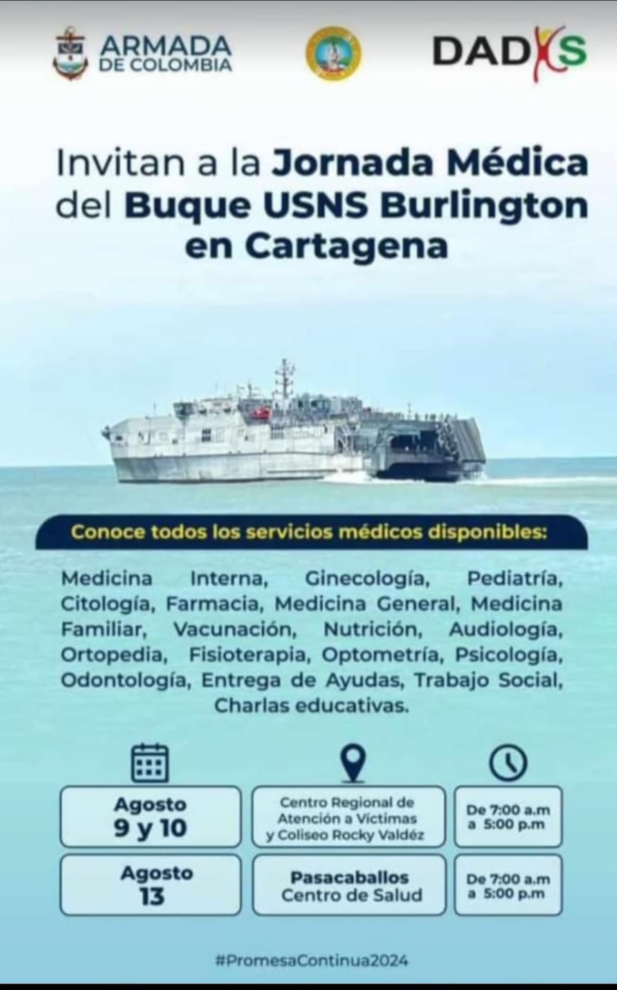 La Alcaldía de Cartagena, la Armada y el Dadis invitan a la jornada de atención gratuita.