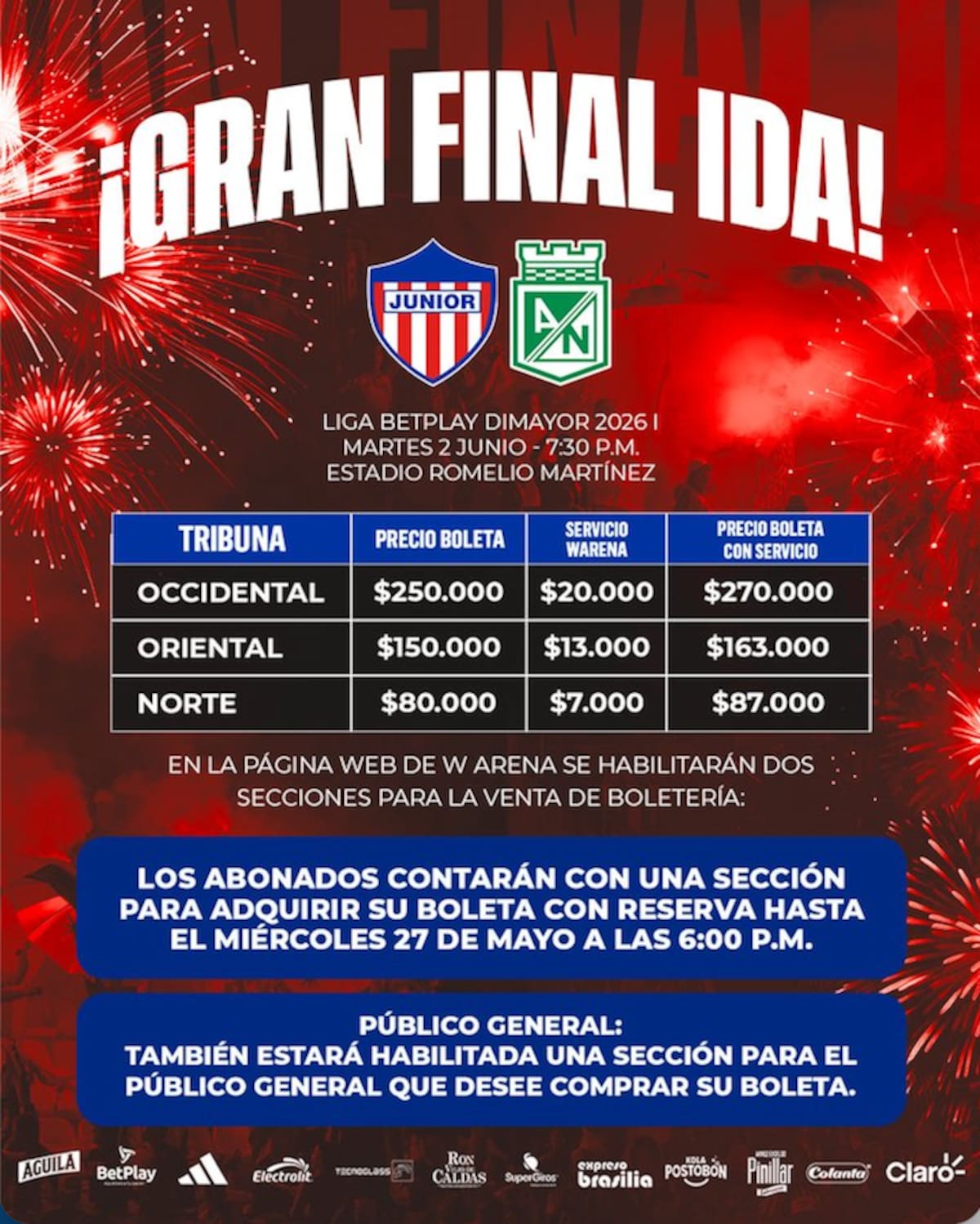 Estos son los precios de las entradas a las tribunas norte, oriental y occidental que dispuesto Junior para el estadio Romelio Martínez de Barranquilla.//Cortesía @JuniorClubSA.