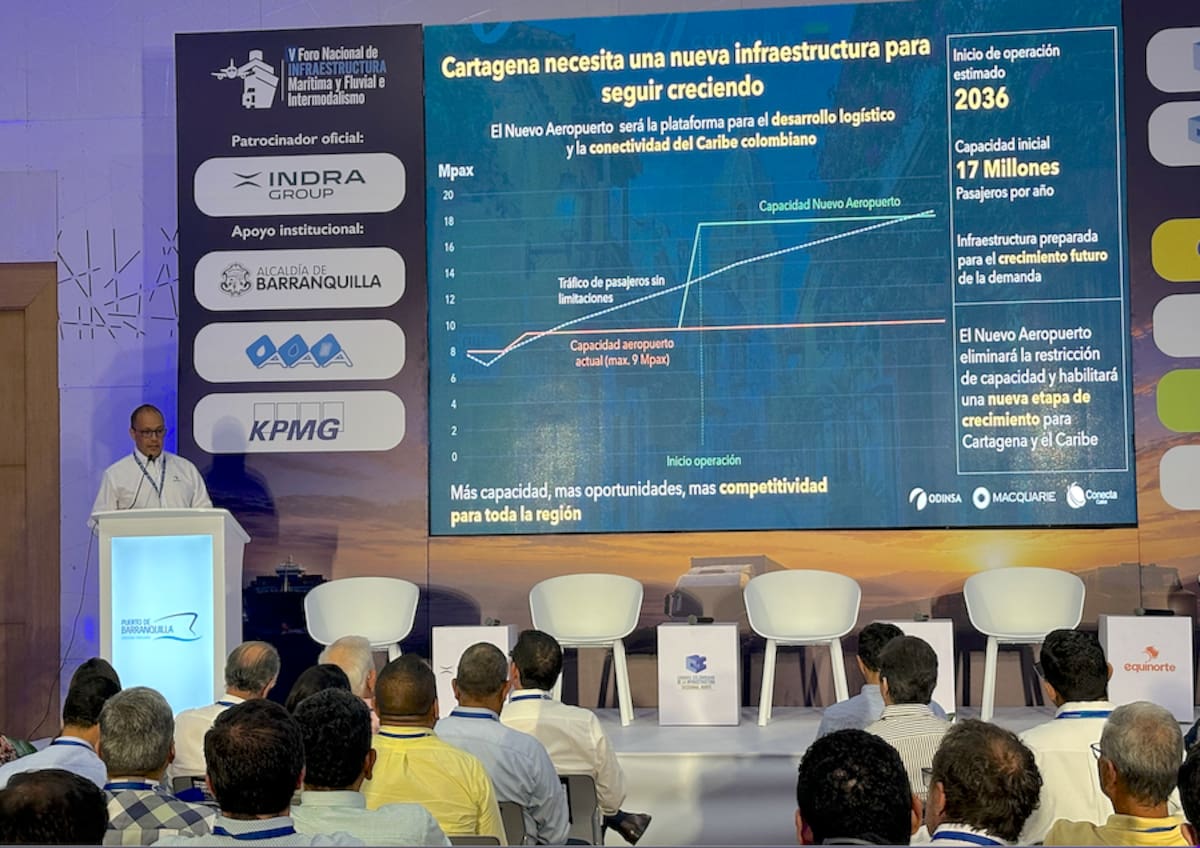 Aspecto de la presentación de Oscar Delgado, gerente de la iniciativa privada del nuevo aeropuerto de Cartagena, en el V Foro de Infraestructura Marítima y Fluvial e Intermodalismo, organizado por la Cámara Colombiana de Infraestructura regional Norte.//El Universal.