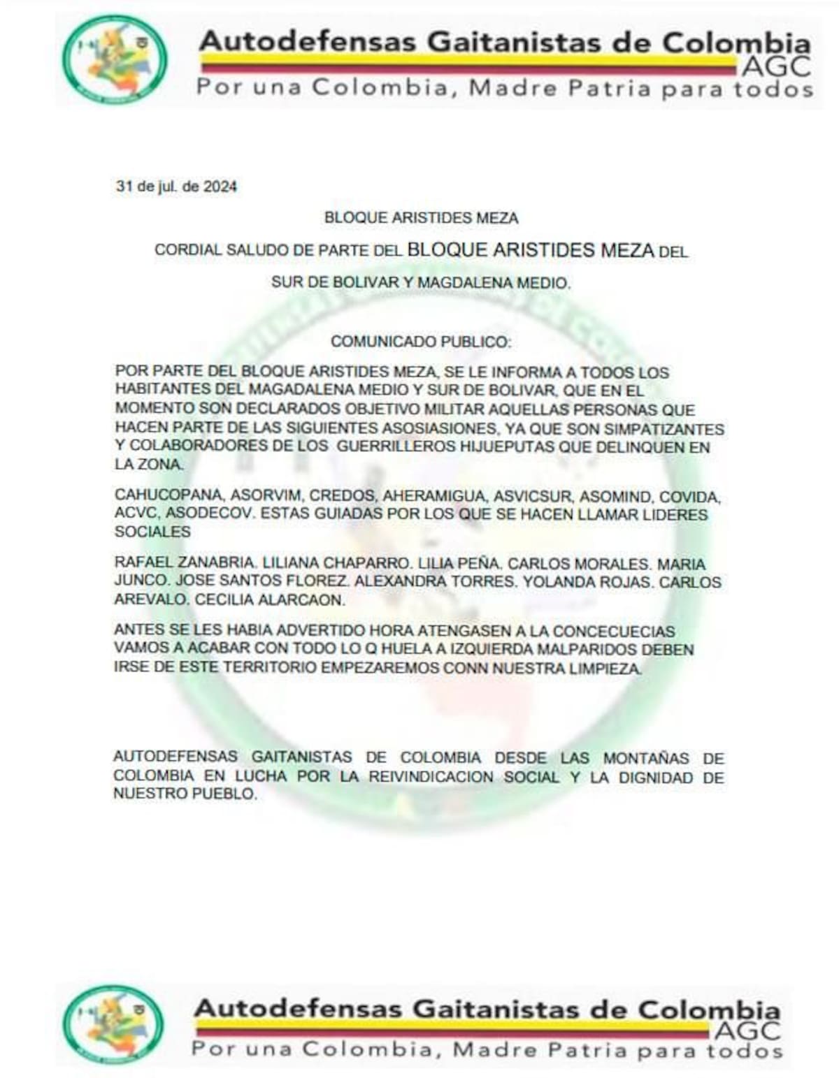 Presunto panfleto amenazante del Clan del Golfo contra líderes en el sur de Bolívar y el Magdalena Medio. // Cortesía.