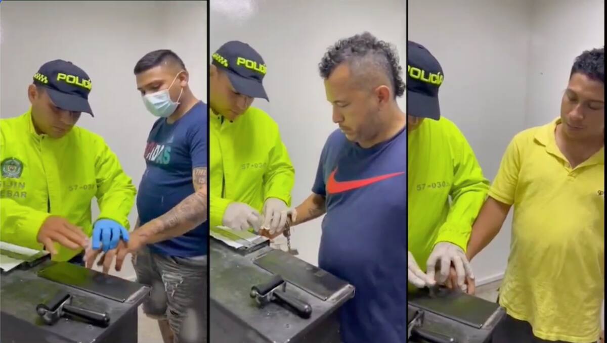 Tres de los presuntos asesinos del patrullero Víctor Julio Marín Londoño, cuando eran reseñados por las autoridades..//Cortesía.