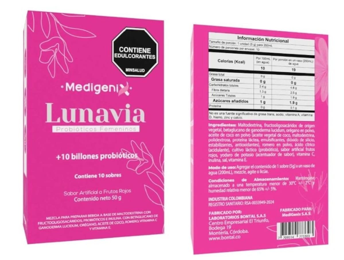 Imagen de los probióticos Lunavia comercializados de manera fraudulenta en Colombia. // Foto: Alerta Invima.