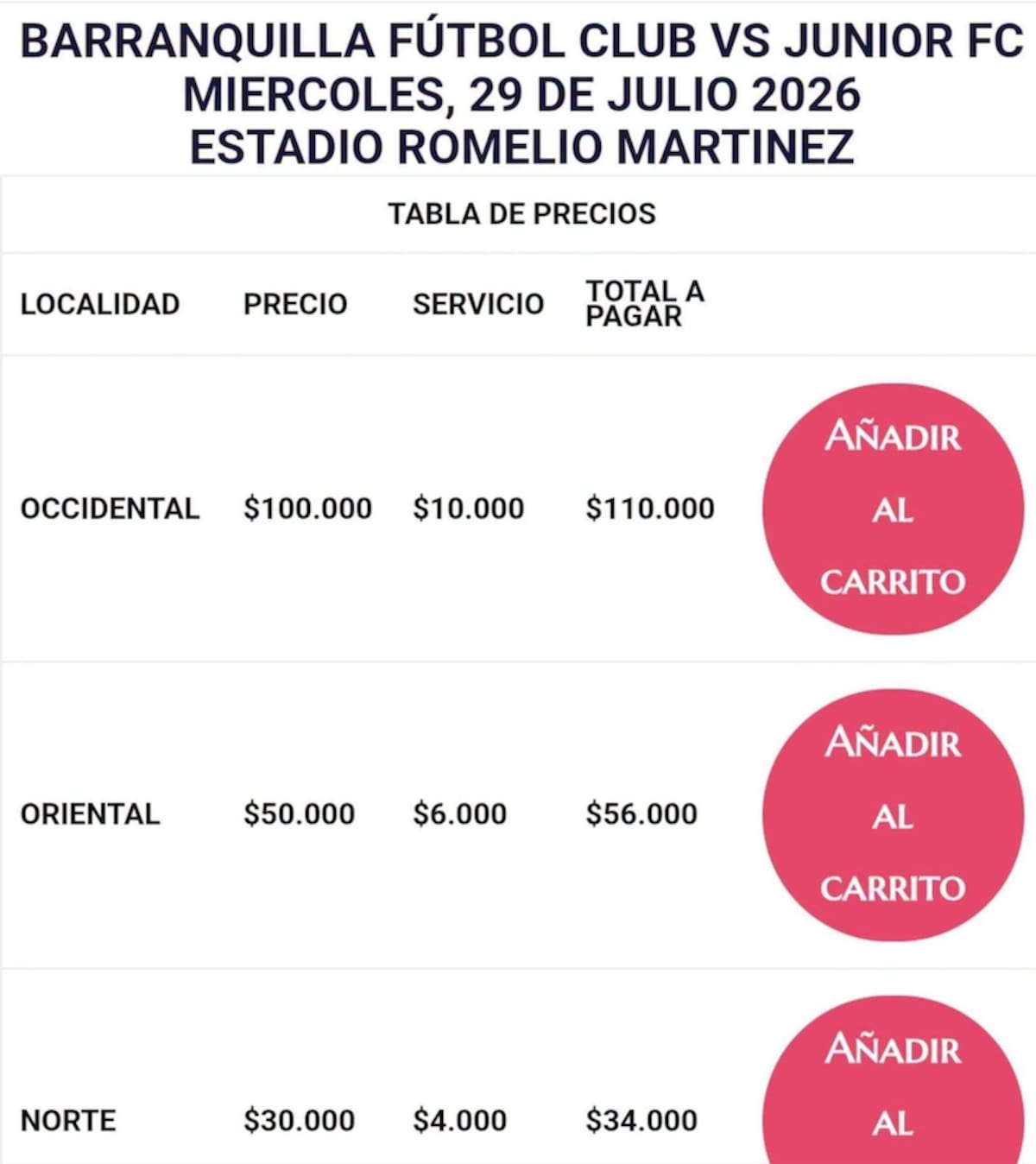 Este es el precio de las boletas a las diferentes gradas del estadio Romelio para presenciar el partido entre Barranquilla FC y Junior.//Cortesía @Juniorsolojunior.