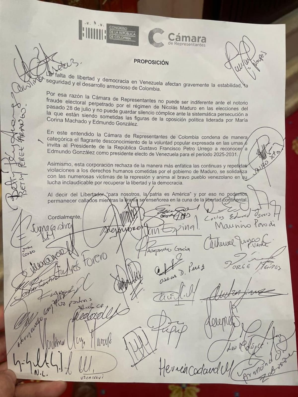 Proposición Cámara de Representantes. // Tomada de X @AForeroM.